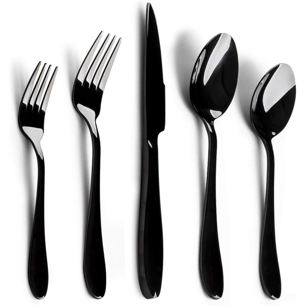 E-far Silverware Set, 20-Piece Black Stainless Steel Flatware Utensil Set, Include Knife/Spoon/Fork, Mirror Polished, Dishwasher Safe – Service for 4(Black – Streamlined Handle)