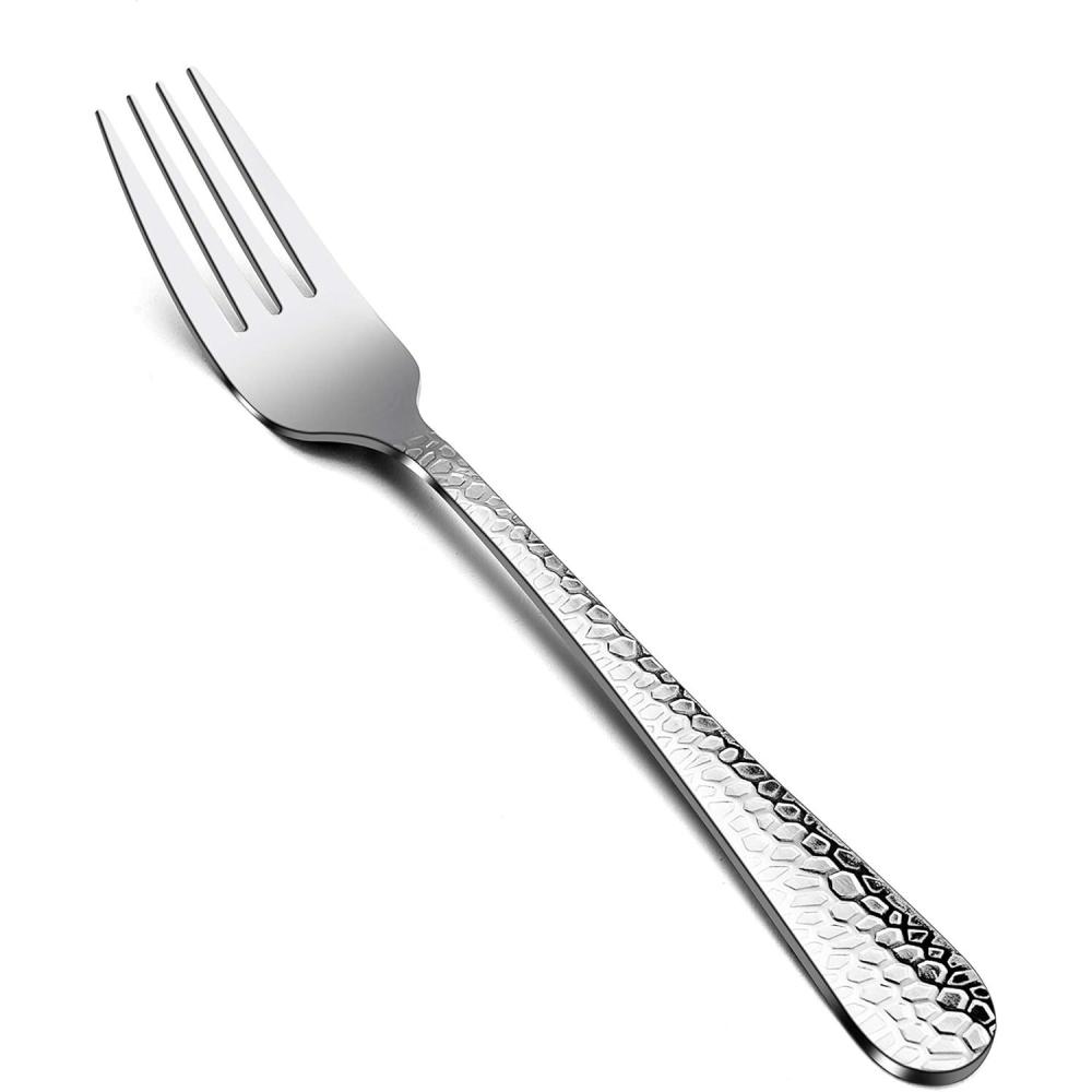 Hammered Dinner Forks Set, E-far 6-Piece Stainless Steel Salad Flatware Forks Use for Home, Kitchen, Restaurant, Round Edge & Mirror Polished, Dishwasher safe – 7.9 Inches(7.9 Inches)