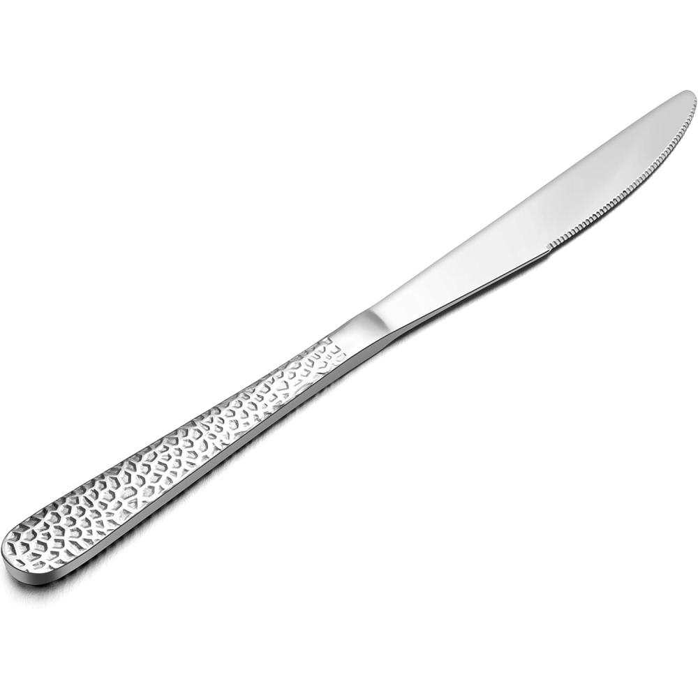 E-far Dinner Knives Set of 12, Stainless Steel Hammered Serrated Table Knife for Home Kitchen Restaurant, Mirror Polished & Dishwasher safe-8.9 Inches(6)
