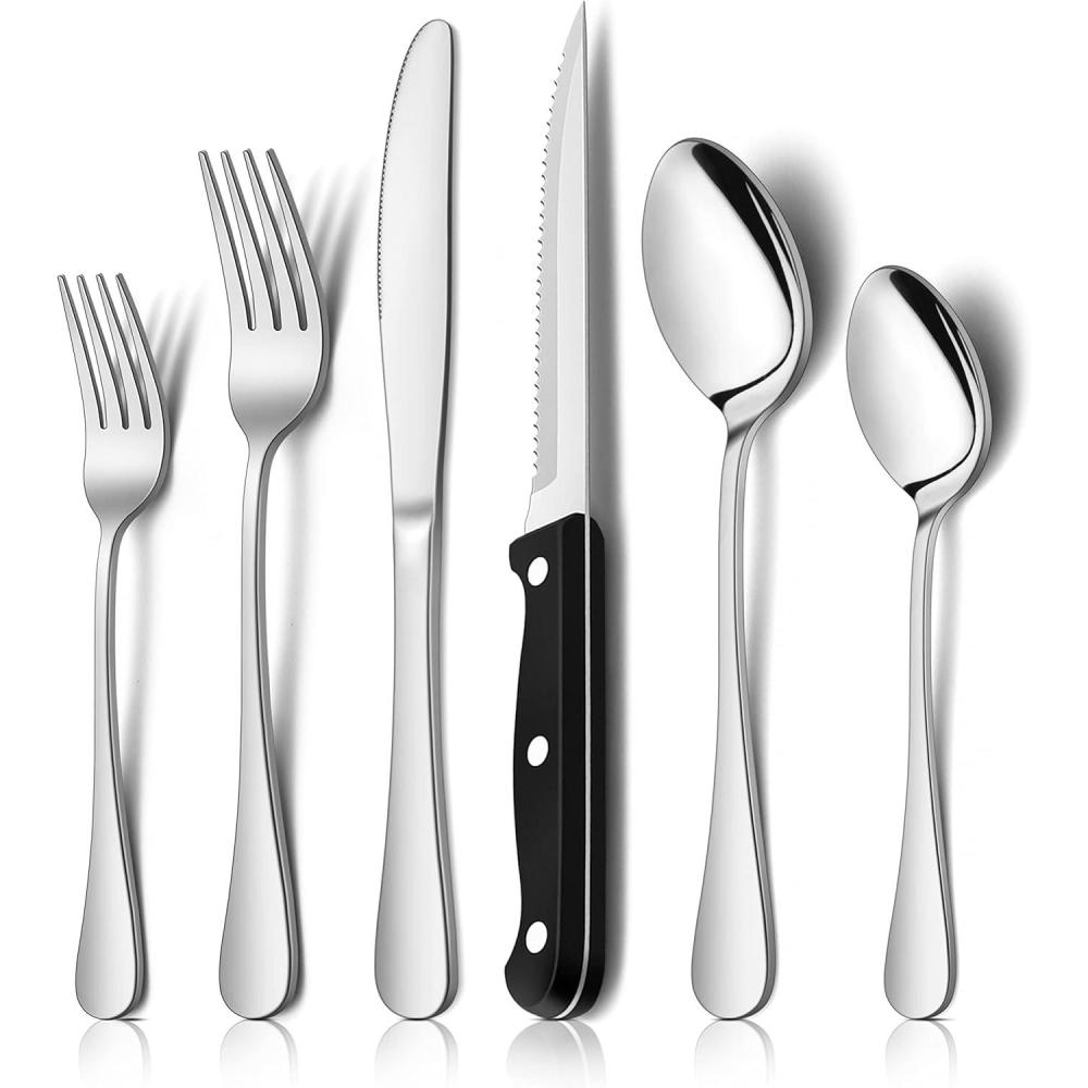 E-far 48-Piece Silverware Set with Steak Knives, Stainless Steel Flatware Cutlery Set Eating Utensils for 8, Spoons Forks Knives for Home Kitchen, Simple Design & Mirror Finish, Dishwasher Safe(Silver Mirror)