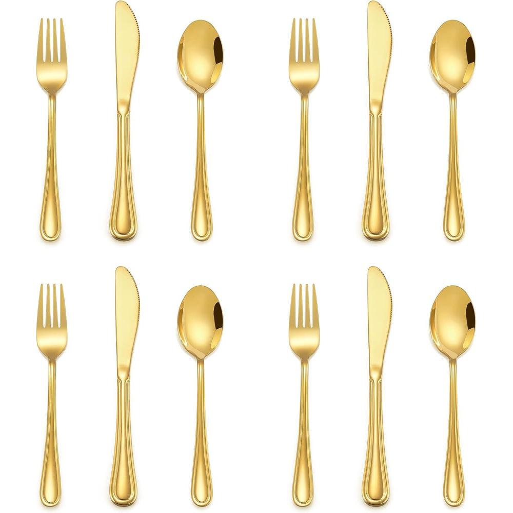 E-far 6-Piece Kids Silverware, Stainless Steel Toddler Utensils Safe for Preschooler/Children, Includes 2 Kids Forks 2 Spoons 2 Knife, Slimline Adult Look & Small Size, Rust Free & Dishwasher Safe(Gold)
