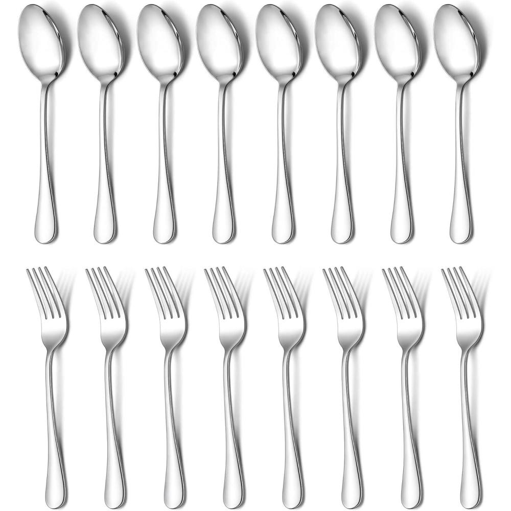 E-far 16-Piece Dinner Forks and Spoons, Stainless Steel Silverware Flatware Eating Utensils Set for Home Kitchen Restaurant, Food Grade Metal & Streamline Design, Mirror Finish & Dishwasher Safe, 8 In(16)