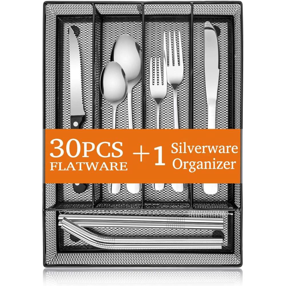 E-far 31-Piece Silverware Set, Stainless Steel Flatware Cutlery Set Service for 4 with Mesh Utensil Drawer Organizer, Include Forks/Spoons/Knives/Steak Knives/Straws, Mirror Polish & Dishwasher Safe(Silver)