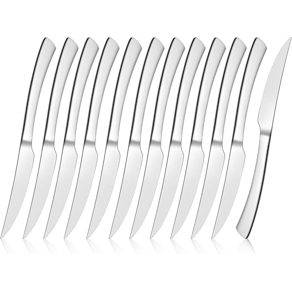 E-far Serrated Steak Knives Set of 12, Stainless Steel Dinner Knife for Home Kitchen Restaurant, 9 Inch Table Knife with Ergonomic Handle and Sharp Tip & Blade, Mirror Silver & Dishwasher Safe(12)