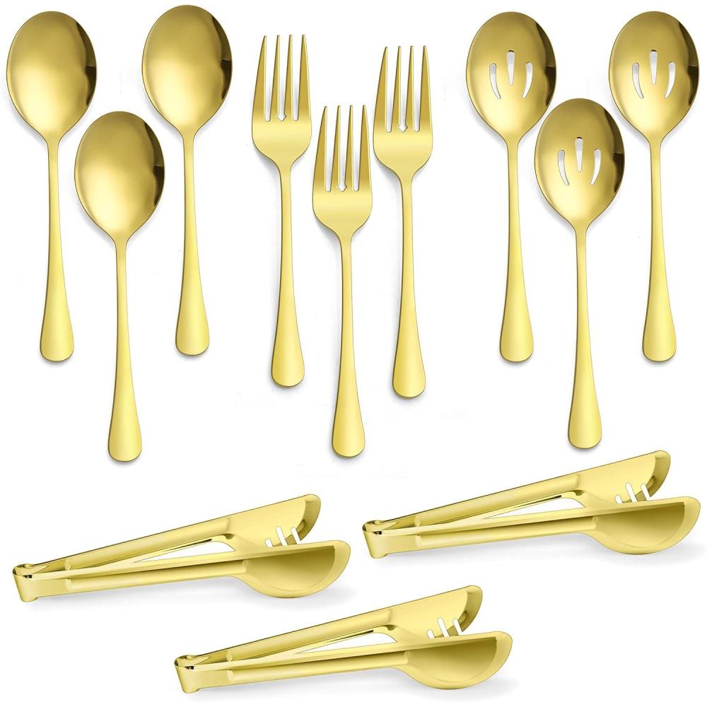 12-Piece Large Serving Utensils Set, E-far Stainless Steel 9.8 Inch Serving Slotted Spoons, 9.9 Inch Fork, 9.4 Inch Tong for Buffet Catering Banquet, Mirror Finish & Dishwasher Safe(Gold-12)