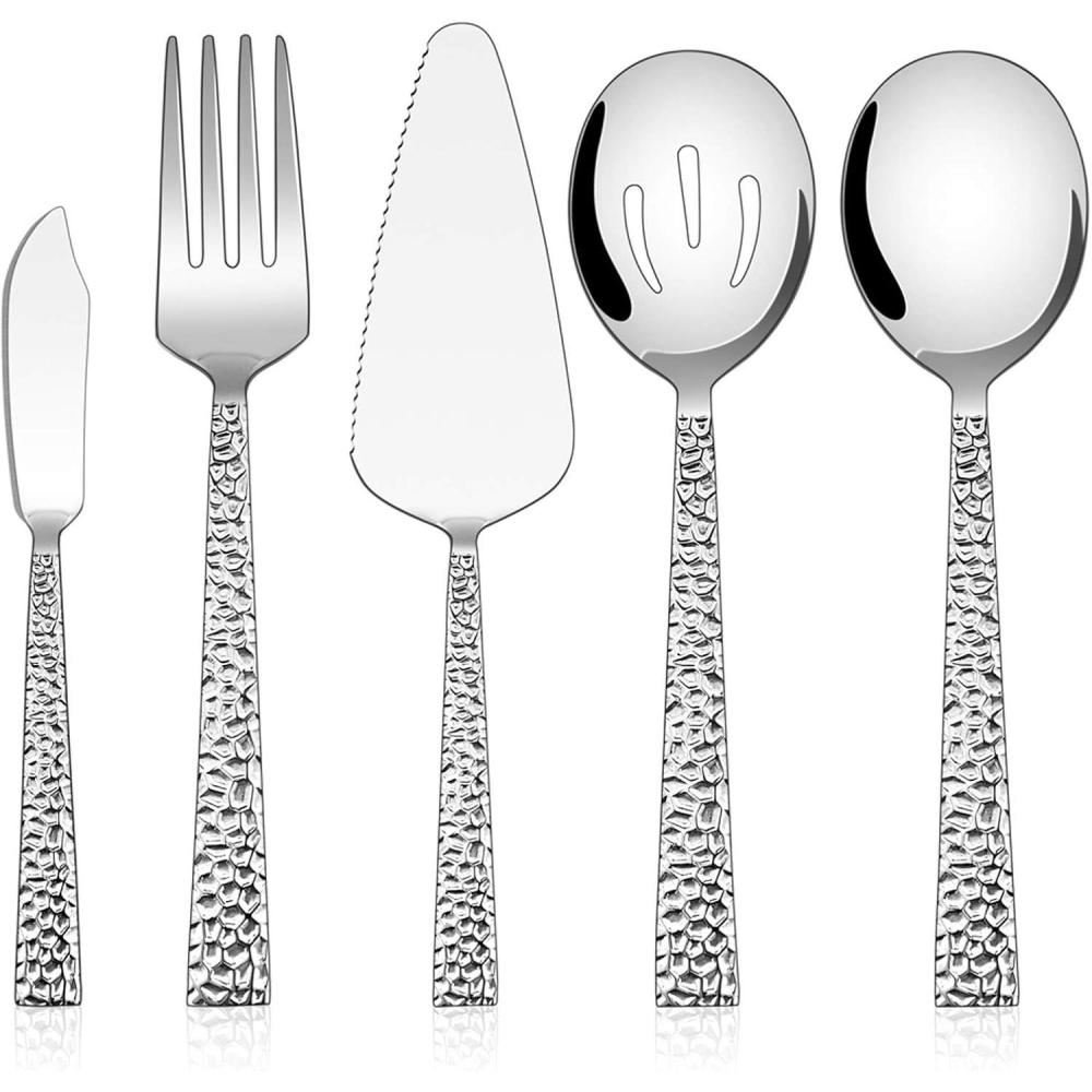 E-far Hammered Slotted Serving Spoons, 4-Piece Stainless Steel Tablespoons Hostess Serving Utensils Set for Catering Buffet Party Wedding Kitchen Restaurant, Dishwasher Safe(5-Piece Serving Utensils Set)