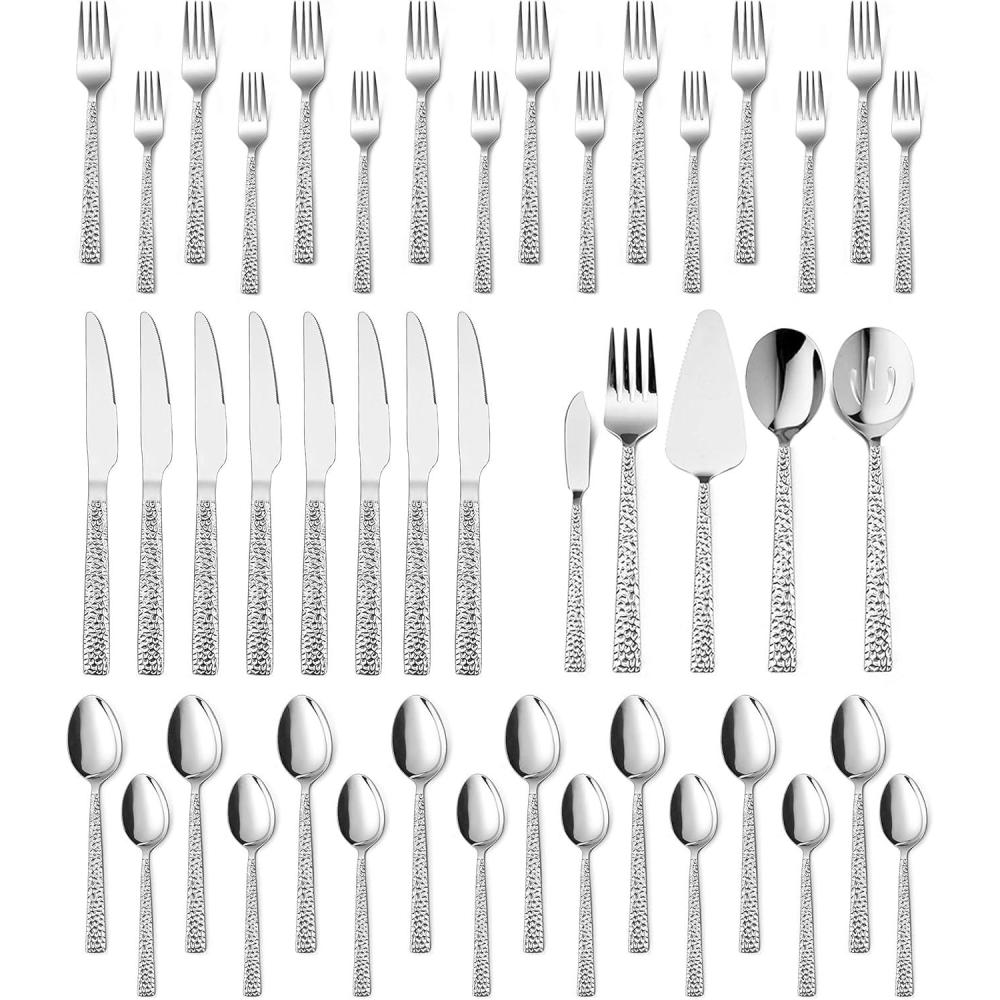 65-Piece Silverware Set with Serving Pieces, E-far Stainless Steel Hammered Flatware Eating Utensils Service for 12, Modern Tableware Cutlery Set with Square Edge, Mirror Polished, Dishwasher Safe(45-Piece)