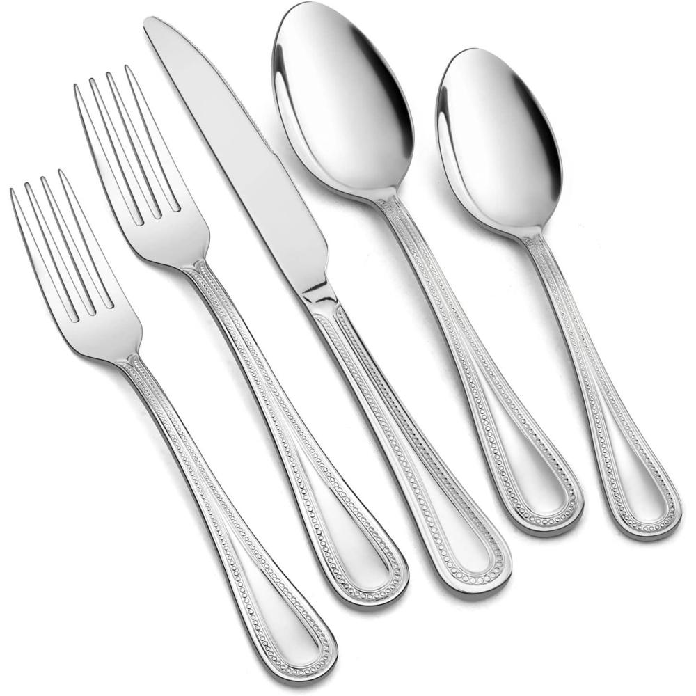 E-far 60-Piece Silverware Set for 12, Stainless Steel Flatware Cutlery Set with Pearled Edge, Include Forks Spoons and Knives, Modern Tableware Eating Utensils for Kitchen Restaurant, Dishwasher Safe(Silver)