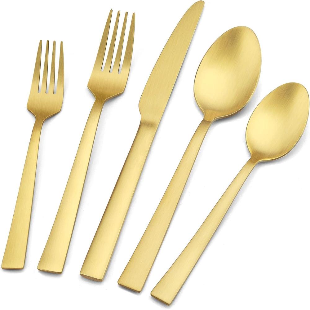 20-Piece Matte Black Silverware Set, E-far Stainless Steel Flatware Set Service for 4, Metal Cutlery Eating Utensils Tableware Includes Forks/Spoons/Knives, Square Edge(Gold)