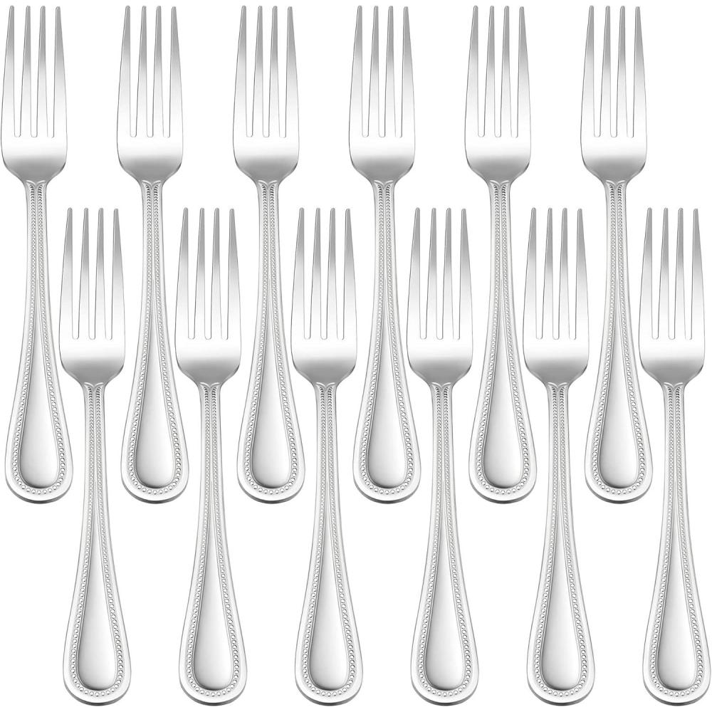E-far Salad Forks Set of 12, 6.9 Inch Pearled Edge Dessert Forks Stainless Steel Suitable for Party, Home, Kitchen and Restaurant, Non-toxic & Mirror Polished, Dishwasher Safe(6.9inches)