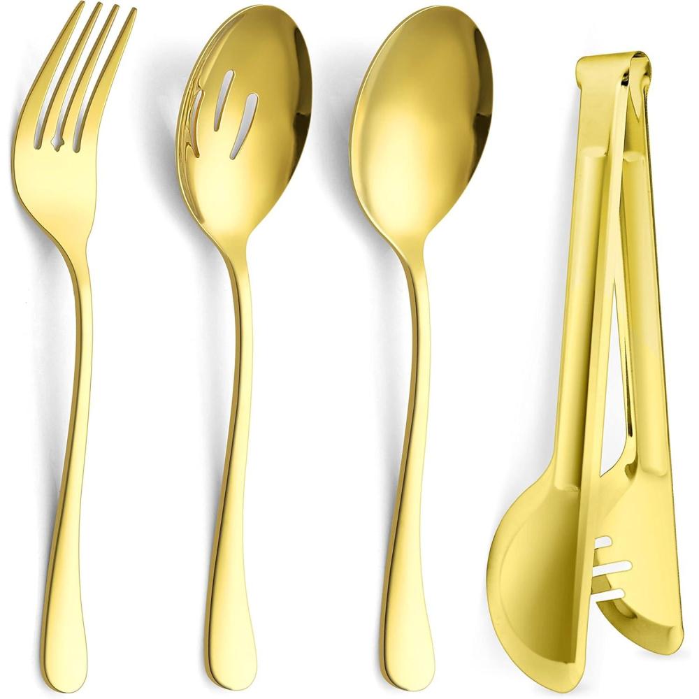 12-Piece Large Serving Utensils Set, E-far Stainless Steel 9.8 Inch Serving Slotted Spoons, 9.9 Inch Fork, 9.4 Inch Tong for Buffet Catering Banquet, Mirror Finish & Dishwasher Safe(Gold-8)