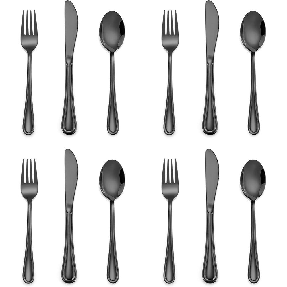 12-Piece Black Kids Silverware, E-far Stainless Steel Toddler Kids Utensils Safe for Preschooler/Children, Includes 4 Forks 4 Spoons 4 Knife, Slimline Look & Small Size, Healthy & Rust Free