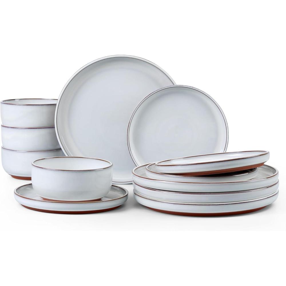 E-far 12-Piece Stoneware Dinnerware Sets, Plates and Bowls Sets for 4, Ceramic Dishware Dishes Set with Terracotta Base, Chip & Scratch Resistant, Microwave & Dishwasher Safe, Speckled White(Glacier White)