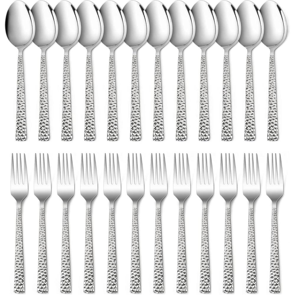E-far 24-Piece Hammered Forks and Spoons Silverware Set, Stainless Steel Square 12 Dinner Forks and 12 Dinner Spoons, Modern Metal Flatware Cutlery for Kitchen and Restaurant, Dishwasher Safe-7.9 Inch(24)