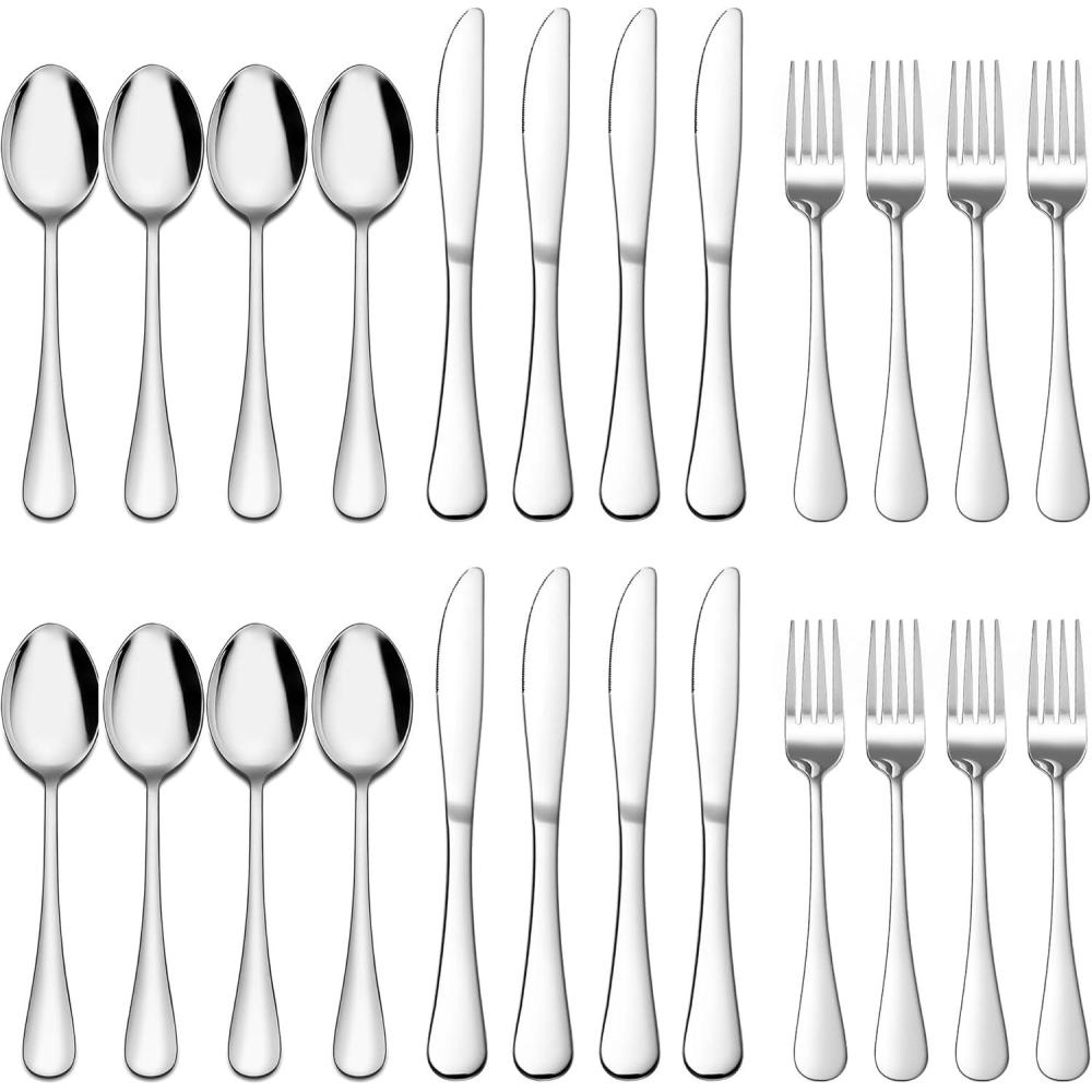 E-far 24-Piece Hammered Forks Spoons and Knives Set, Silverware Set for 8, Stainless Steel Square Flatware Set for Home Kitchen Restaurant, Mirror Polished & Dishwasher Safe(24)
