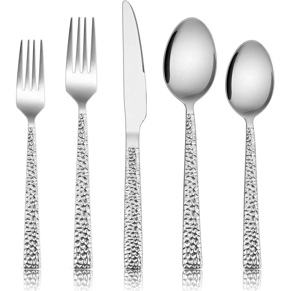 E-far Hammered Silverware Set, 40-Piece Stainless Steel Square Flatware Set for 8, Metal Tableware Cutlery Set Includes Dinner Knives/Forks/Spoons, Modern Design & Mirror Polished – Dishwasher Safe(40-Piece for 8)
