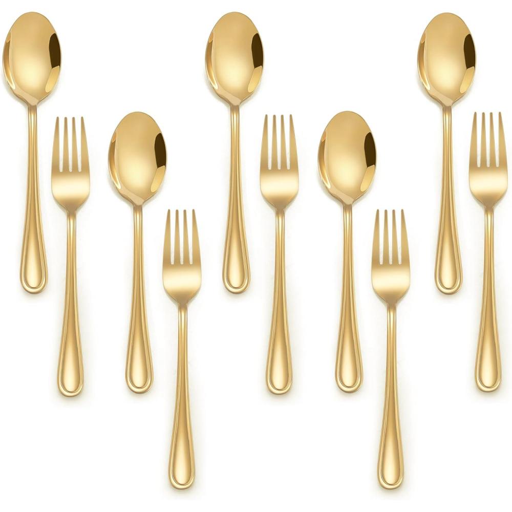 E-far 10-Piece Rainbow Toddler Utensils, Kid Stainless Steel Silverware Set, Children Safe Forks and Spoons Set for Self Feeding, Healthy & Non-Toxic, Mirror Polished & Easy to Clean(Gold)