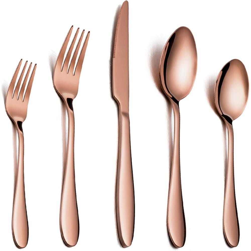 E-far Silverware Set Copper Color Service for 4, 20 Piece Brass Gold Stainless Steel Flatware Cutlery Set, Perfect for Wedding/Party/Restaurant/Hotel, Mirror Polished & Dishwasher Safe(Copper – Streamlined Handle)