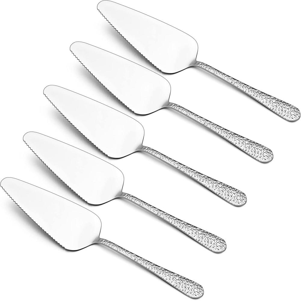 5-Piece Pie Server, E-far Hammered Stainless Steel Cake Server Spatula for Cutting Pastry Cheese Pizza, Serrated Edge with Square Handle, Mirror Polished & Dishwasher Safe-8.9 Inch(Hammered Round Handles)