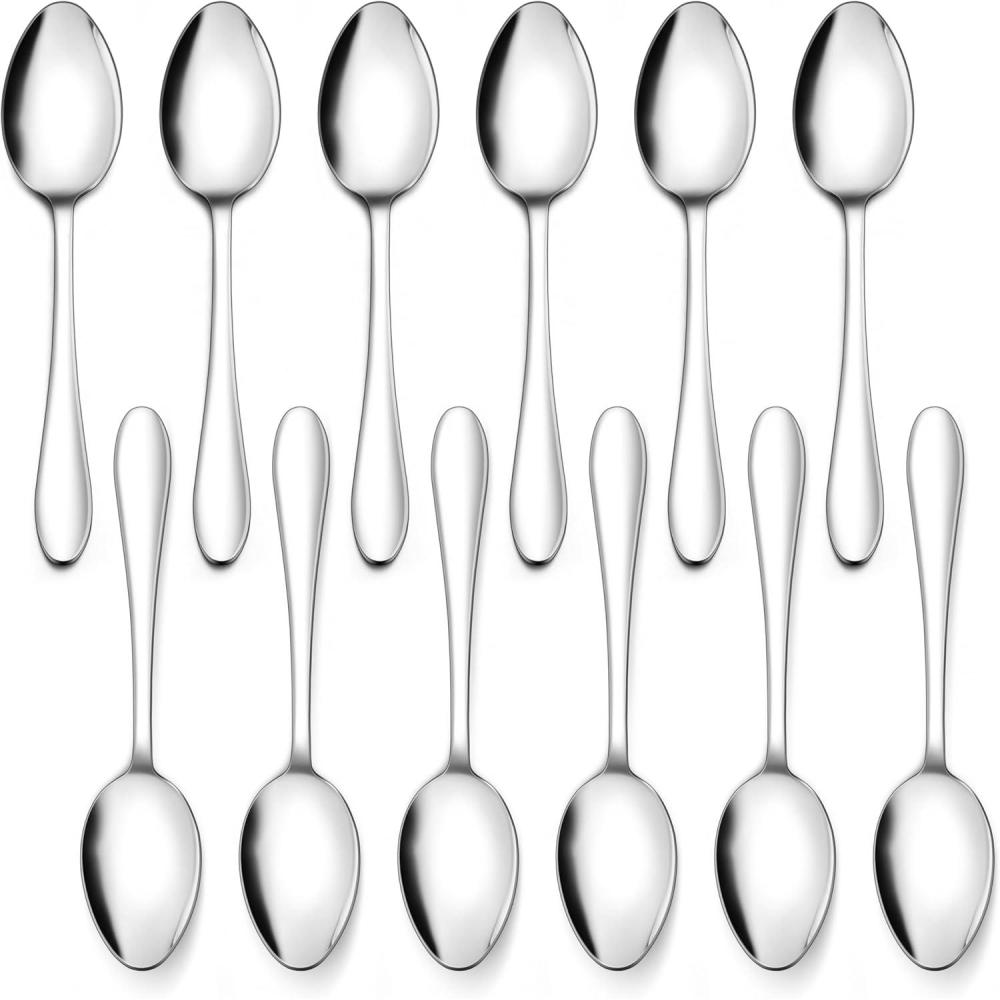 12-Piece Teaspoons, E-far 6.7 Inches Stainless Steel Small Spoons for Home Kitchen Restaurant, Mirror Polished & Dishwasher Safe(Raindrop Edged Handle)