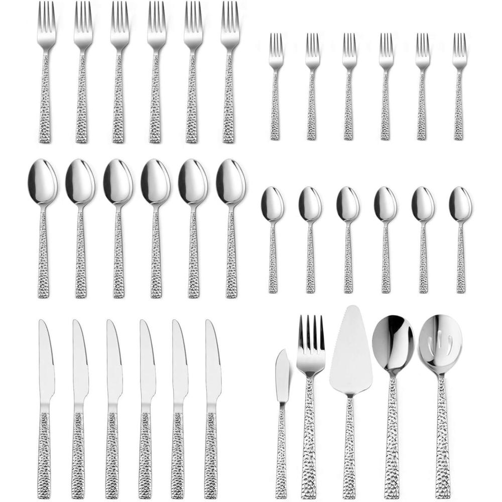 65-Piece Silverware Set with Serving Pieces, E-far Stainless Steel Hammered Flatware Eating Utensils Service for 12, Modern Tableware Cutlery Set with Square Edge, Mirror Polished, Dishwasher Safe(35-Piece)
