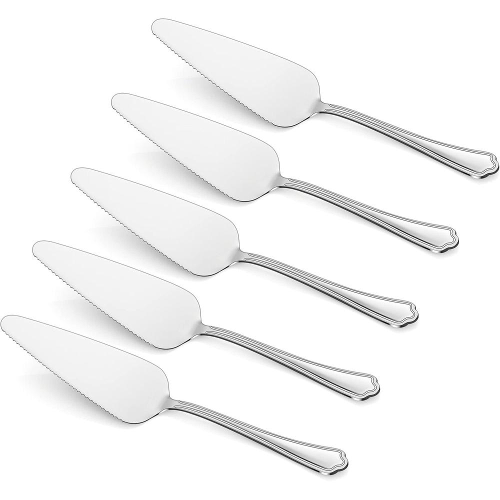 5-Piece Pie Server, E-far Hammered Stainless Steel Cake Server Spatula for Cutting Pastry Cheese Pizza, Serrated Edge with Square Handle, Mirror Polished & Dishwasher Safe-8.9 Inch(Scalloped Handles)