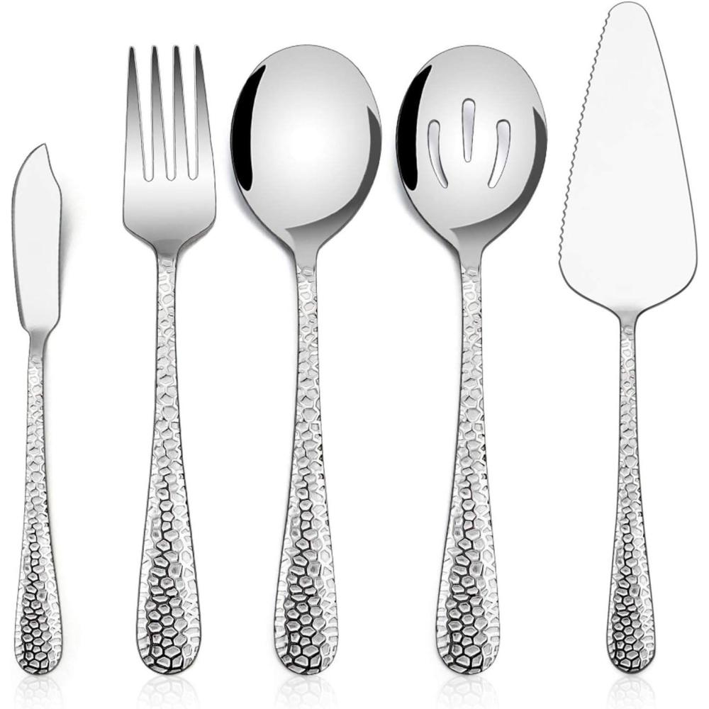 Hammered Serving Utensils, E-far 5-Piece Stainless Steel Hostess Serving Set for Buffet Party Kitchen Restaurant, Mirror Finished & Dishwasher Safe(Hammered Handle)