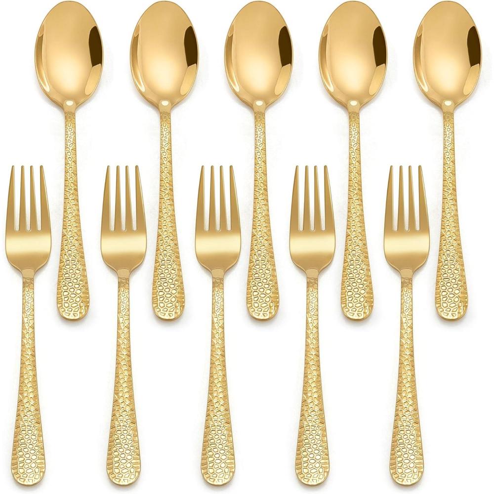 E-far Toddler Forks and Spoons Set, 10-Piece Stainless Steel Toddler Utensils Kids Safe Silverware for Self Feeding, Healthy & Non-Toxic, Rainbow(Gold Mirror)