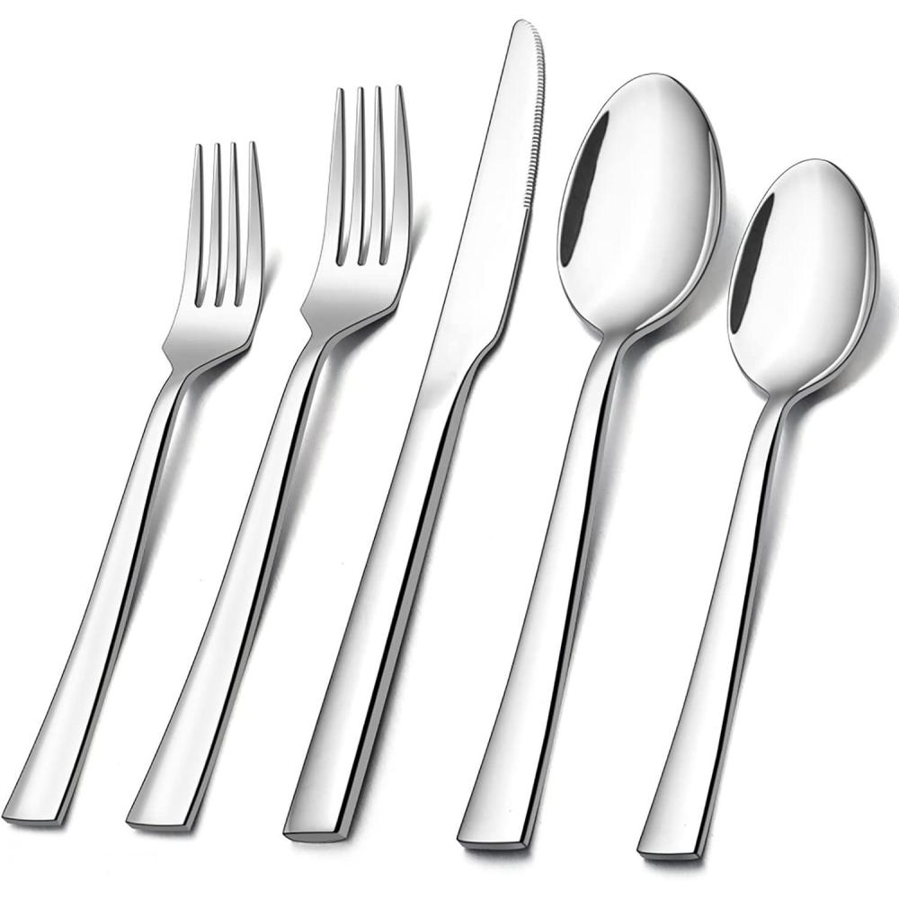 E-far 60-Piece Silverware Set, Stainless Steel Flatware Set Service for 12, Tableware Cutlery Set for Home Restaurant Party, Dinner Forks/Spoons/Knives, Square Edge & Mirror Polished, Dishwasher Safe(10 Pieces)