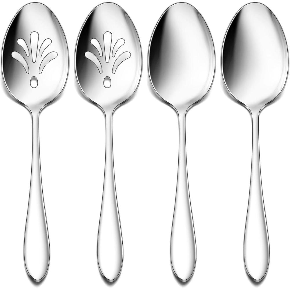 Stainless Steel Slotted Serving Spoons, E-far 4-Piece Metal Tablespoons Hostess Serving Utensils Set for Catering Buffet Party Kitchen Restaurant, Dishwasher Safe(Serving Spoon (2) + Slotted Spoons (2))