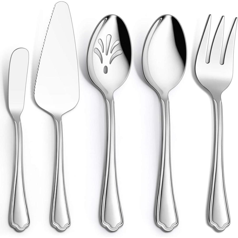 Hammered Serving Utensils, E-far 5-Piece Stainless Steel Hostess Serving Set for Buffet Party Kitchen Restaurant, Mirror Finished & Dishwasher Safe(Scalloped Handle)