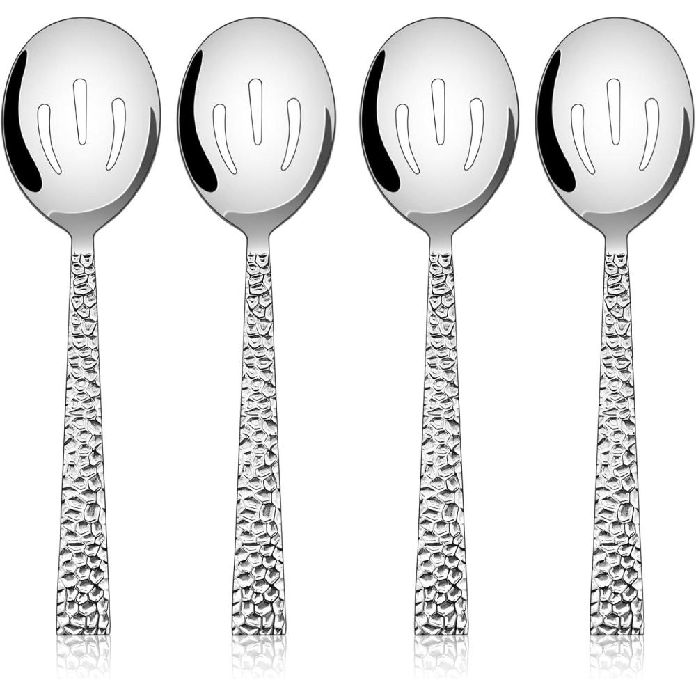E-far Hammered Slotted Serving Spoons, 4-Piece Stainless Steel Tablespoons Hostess Serving Utensils Set for Catering Buffet Party Wedding Kitchen Restaurant, Dishwasher Safe(4-Piece Slotted Spoons Set)