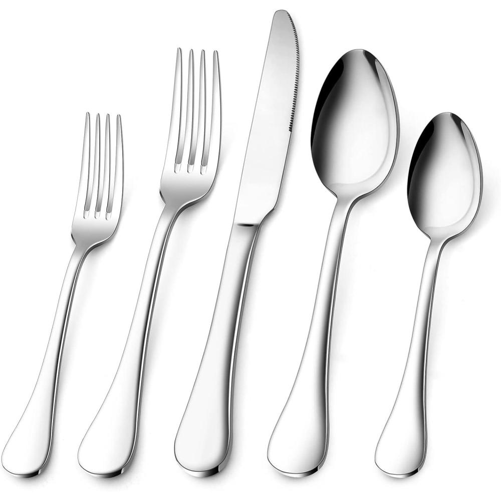 40-Piece Silverware Set for 8, E-far 18/10 Stainless Steel Flatware Cutlery Metal Eating Utensil Tableware Forks and Spoon Sets for Restaurant Wedding – Simple Fancy Style & Dishwasher Safe(40)