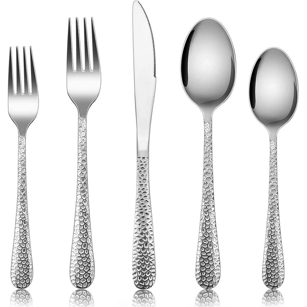 Silverware Set for 12, E-far 60-Piece Hammered Flatware Cutlery Set, Stainless Steel Eating Utensils for Kitchen Hotel Restaurant Party, Modern Design & Mirror Finished – Dishwasher Safe(40-Piece Set for 8)