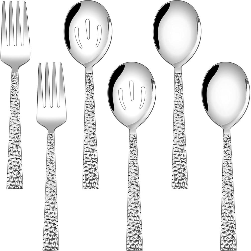 E-far Hammered Serving Utensils Set of 6, Stainless Steel 8.7 Inch Square Hostess Serving Set, Metal Serving Spoon Slotted Spoons Forks for Party Buffet Catering, Mirror Finished & Dishwasher Safe