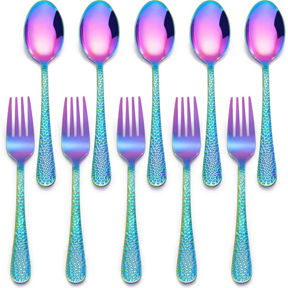E-far Toddler Forks and Spoons Set, 10-Piece Stainless Steel Toddler Utensils Kids Safe Silverware for Self Feeding, Healthy & Non-Toxic, Rainbow(Mirror Rainbow)