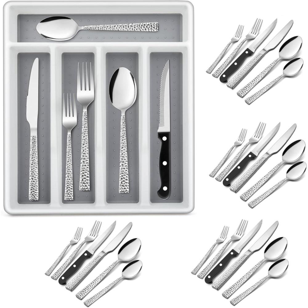 E-far 24-Piece Silverware Set with Steak Knives and Organizer, Square Stainless Steel Cutlery Flatware Set for 4, Basic Tableware Eating Utensil for Kitchen, Mirror Polished & Dishwasher Safe(Silver)