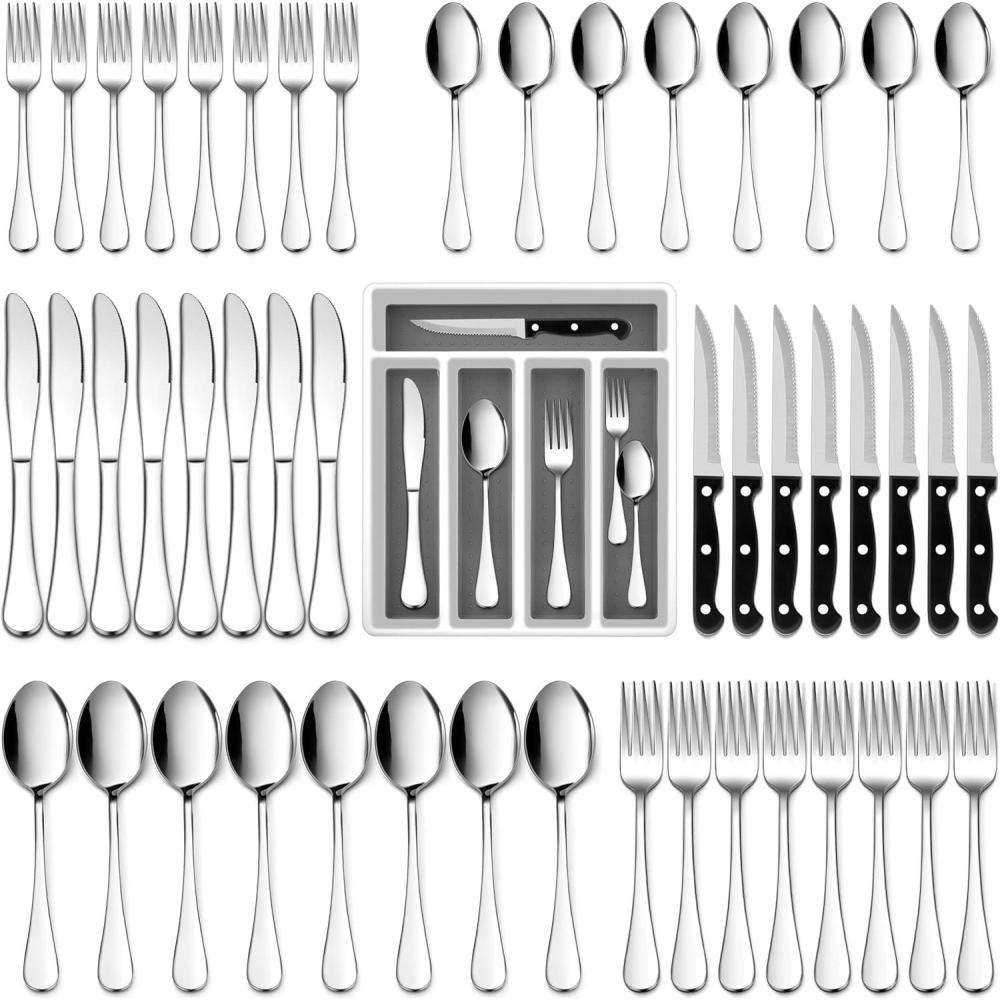 E-far Silverware Set with Organizer, 49-Piece Stainless Steel Flatware Cutlery Set for 8 with Steak Knives, Kitchen Metal Eating Utensils Sets Include Forks Spoons Knife, Mirror Polished & Rust Proof(Silver)