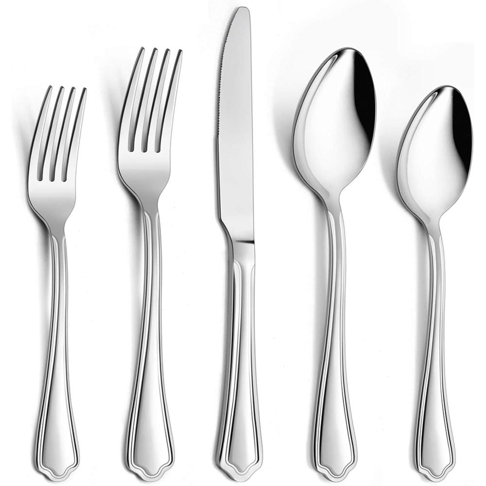 40-Piece Silverware Set, E-far Stainless Steel Flatware Cutlery Set Service for 8, Metal Tableware Eating Utensil Set, Dinner Knives/Forks/Spoons, Scalloped Edge & Mirror Polished – Dishwasher Safe(40-Piece for 8)
